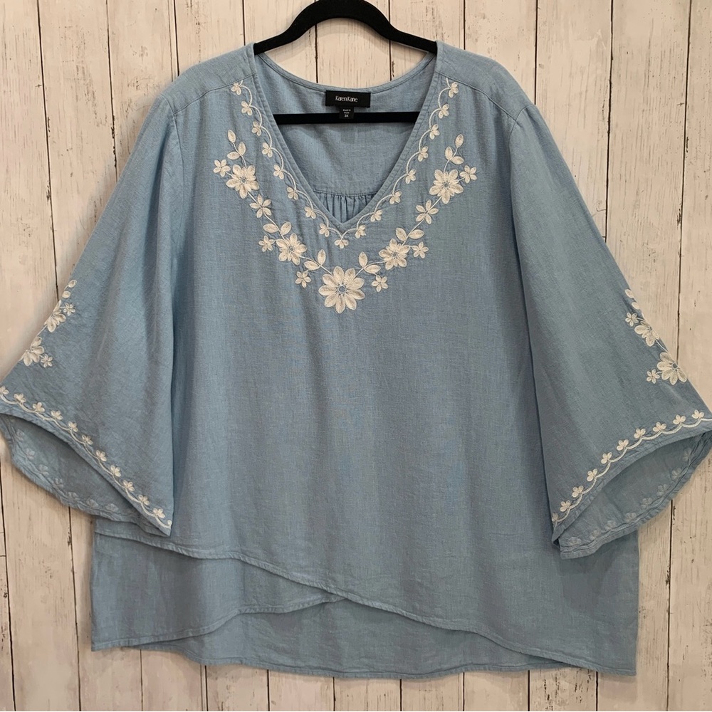 Karen Kane Women 3X Linen Blend Asymmetric Top Tunic Bracelet Sleeve Embroidery